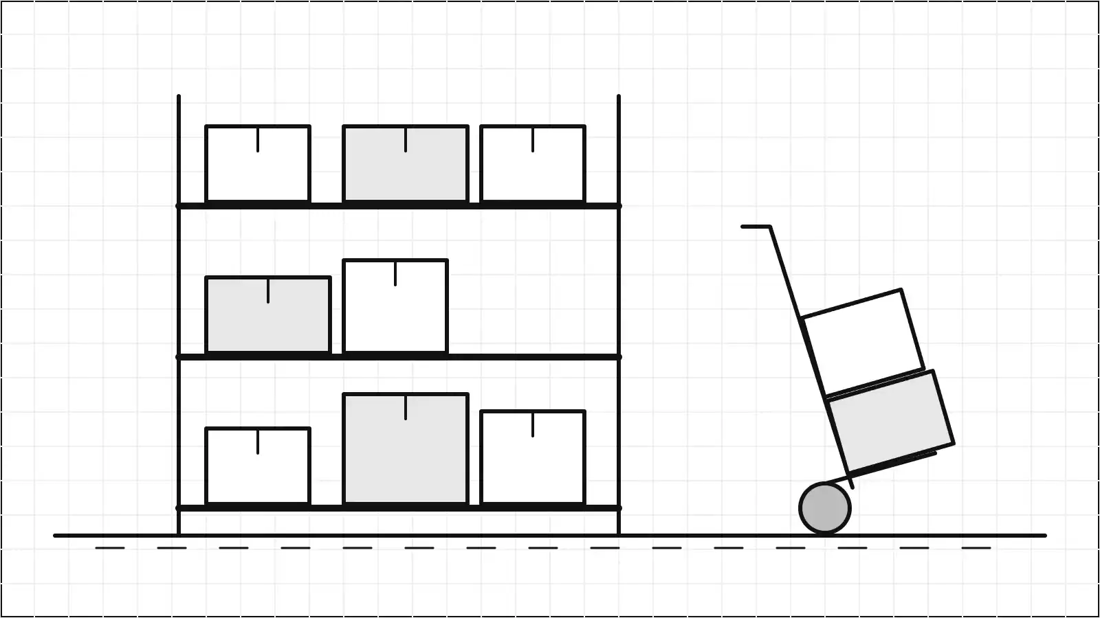 Illustration d'un rayonnage de stock et d'un diable de manutention
